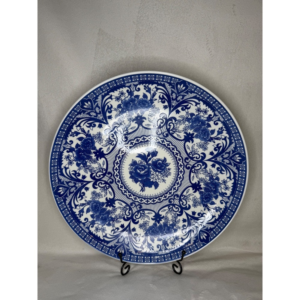 Blue & White Floral Transferware Style Decorative Dinner Plate 13.5"
